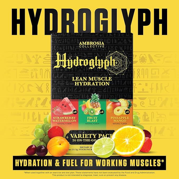 Ambrosia Hydroglyph Intraworkout Electrolytes Hydration Drink Mix | Sugar Free Electrolyte Powder with Amino Acids | Supports Lean Muscle During Fasting | 30 Servings | Variety Pack