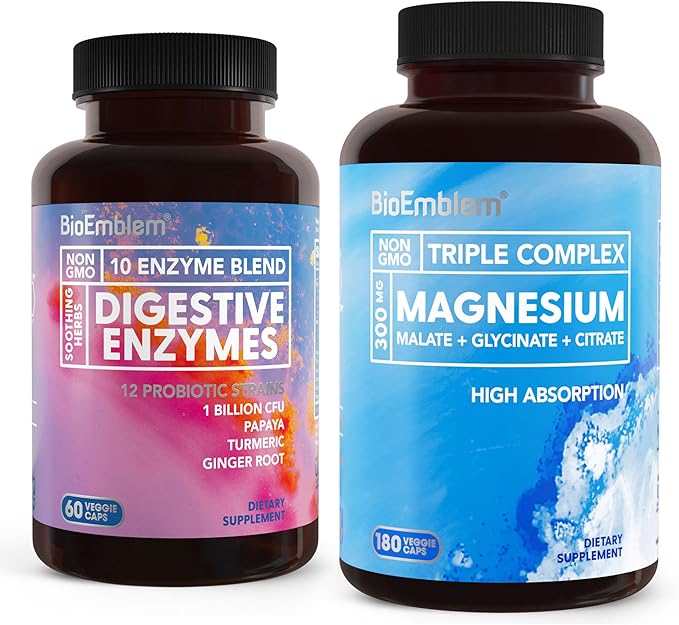 BioEmblem Triple Magnesium Complex 180 Capsules &amp Digestive Enzymes - 10 Enzymes w/ 12 Strain 1 Billion CFU Probiotics for Nutrient Absorption 60 Capsules