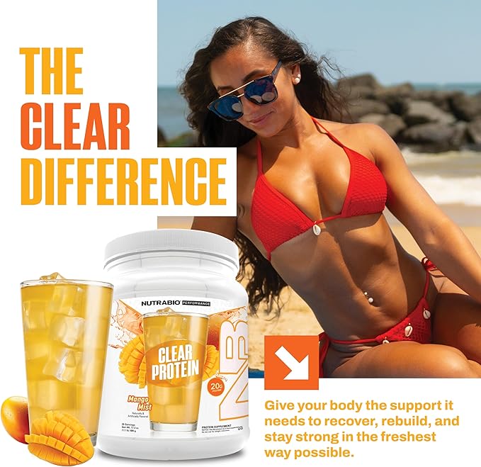 NutraBio Clear Protein Powder Mango Mist - 20 Servings 20g Clear Whey Protein Isolate 0 Sugar 0g Lactose Refreshing Fruit Flavors GLP1 Support - Bone Health - Muscle Post Workout Recovery