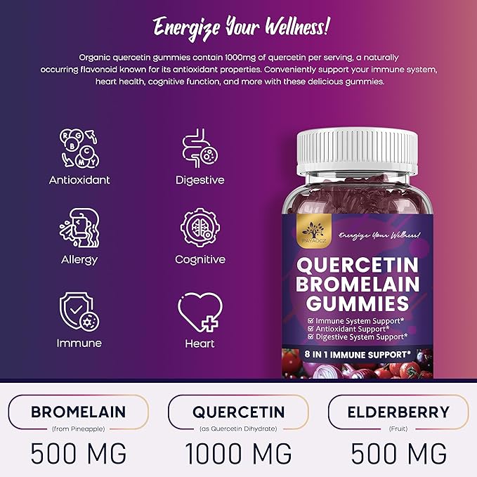 (2 Pack) Quercetin Gummies with Bromelain Zinc Elderberry Vitamin C D3 K2 Quercetin 1000mg Supplement with Bromelain 500mg for Cardiovascular Immune System &amp Allergy Vegan Gummy for Adult &amp