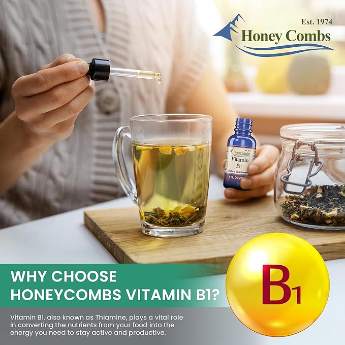 HoneyCombs Vitamin B1 Supplement (Thiamine) Liquid Drops - High Potency Thiamine B1 Supplement for Men &amp Women - Maintain Nervous System Energy &amp Overall Health - Vegan Liquid B Vitamins (16
