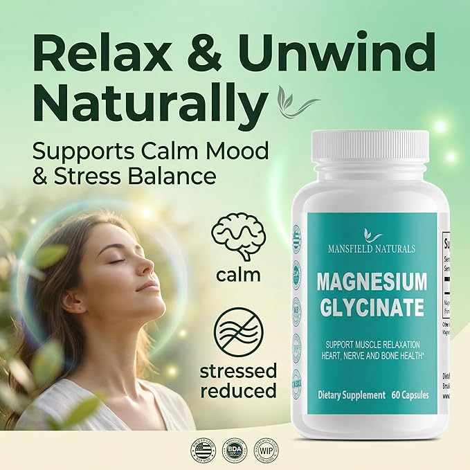 Magnesium Glycinate Supplement - Gentle on Stomach - Supports Nerve Muscle &amp Sleep Health - Capsules - 250 mg - 60 Count
