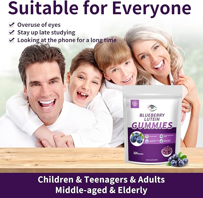 Blueberry Lutein Gummies with 120 Count - 2 Month Supply Eye Health Support Supplement for Kids and Adult Contains Blueberry Juice (30 mg/Gummy) &amp Lutein (20 mg/Gummy)
