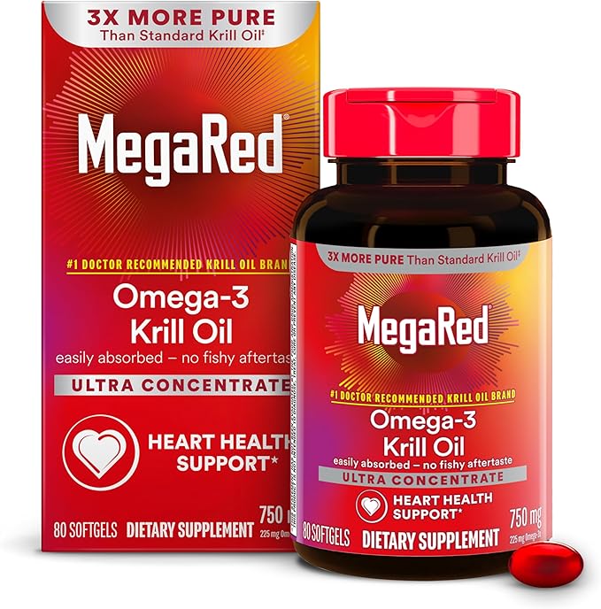 MegaRed Antarctic Krill Oil 750mg Omega 3 Fatty Acid Supplement Ultra Concentrate EPA &amp DHA Softgels Antioxidant Astaxanthin Heart Health Supplement with No Fish Oil Aftertaste 80ct