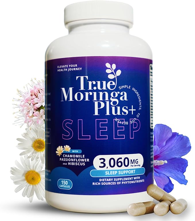 True Moringa Plus+ Sleep Support Supplement 10:1 Extract | 20000mg of Organic Moringa Chamomile Passion Flower Valerian Root Hibiscus for Relaxation | Natural Sleep Aid for Adults (150 Capsules)