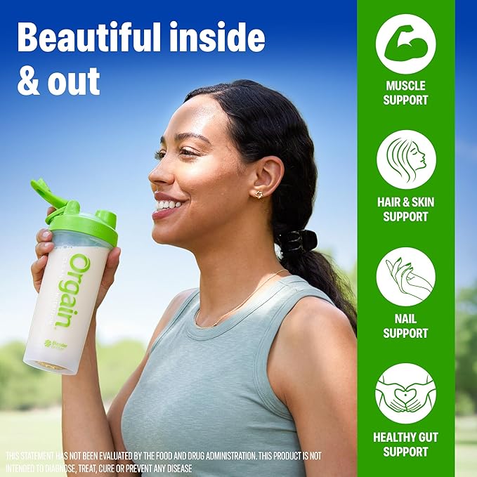 Orgain Protein Powder + Collagen Vanilla Bean - 25g of Protein 10g Collagen Peptides Type I &amp III 1B CFU Probiotics Supports Hair Skin Nail Joint &amp Gut Health Gluten Free - 1.6lb