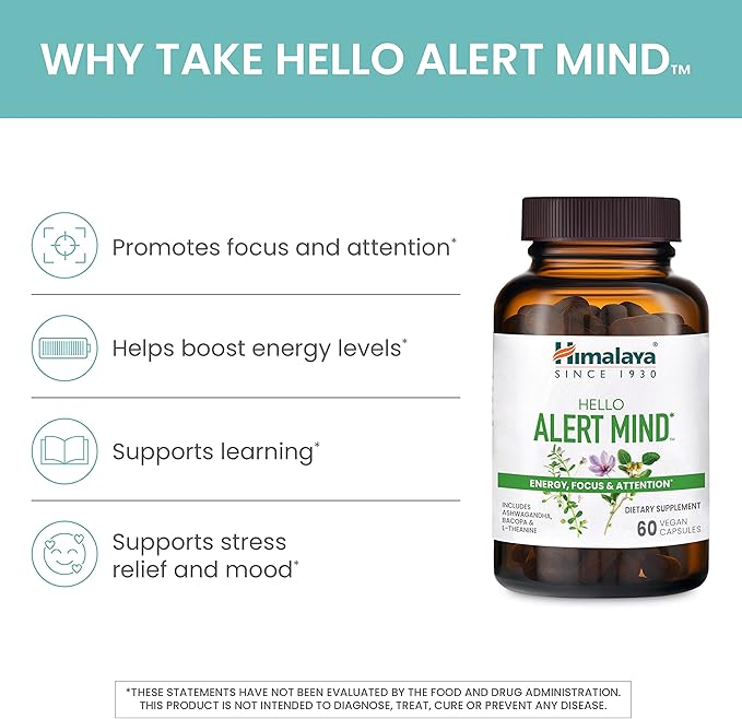Himalaya Hello Alert Mind with L-Theanine Ashwagandha Bacopa Vitamin B6 &amp B12 for Energy Focus &amp Attention Vegan Gluten Free 60 Capsules
