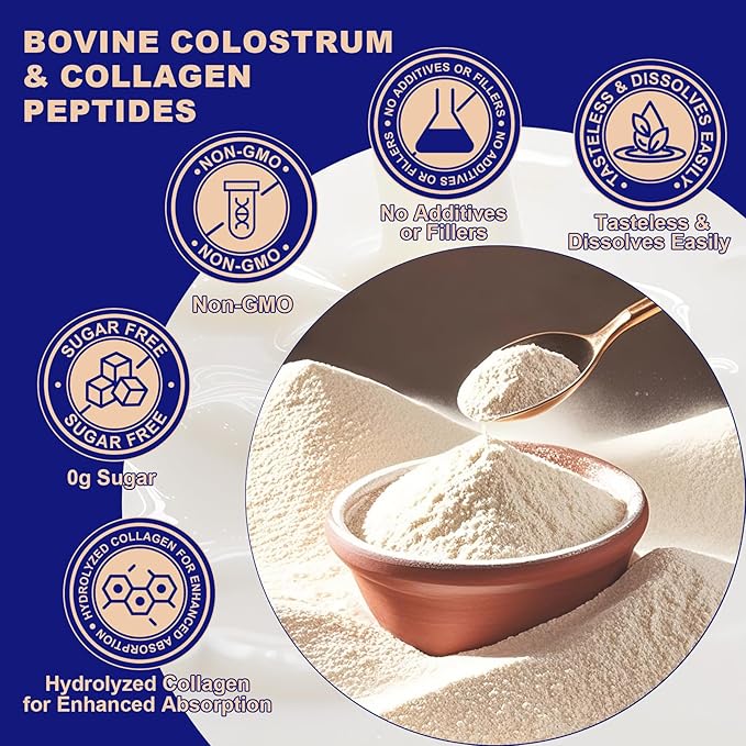 Grass-Fed Bovine Colostrum Collagen Powder for Women &amp Men Hydrolyzed Collagen Peptides Powder with Probiotics | Gut Health Immune Support Hair Skin Nail &amp Joint Support Supplement - Sug