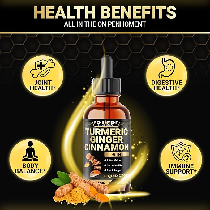 6in1 Liquid Turmeric Curcumin with Ginger Berberine Ceylon Cinnamon Bitter Melon Black Pepper - Drops Extract for Joint Support - 2Packs of 1 Fl Oz