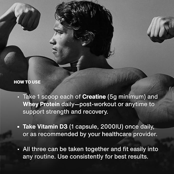 Momentous Arnold's Stack - Creatine Monohydrate Powder Essential Grass-Fed Whey Protein Powder (Unflavored) &amp Vitamin D3 (2000 IU) - Daily Fundamentals to Support Muscle Strength &amp Longevity