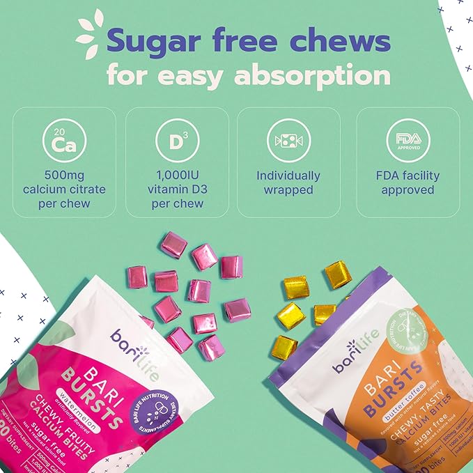 Bari Life Just One Once Daily Bariatric Multivitamin with Iron (90 Tablets) and BariBurst Calcium Citrate Soft Chews for Gastric Bypass Gastric Sleeve and Duodenal Switch (Butter Toffee)