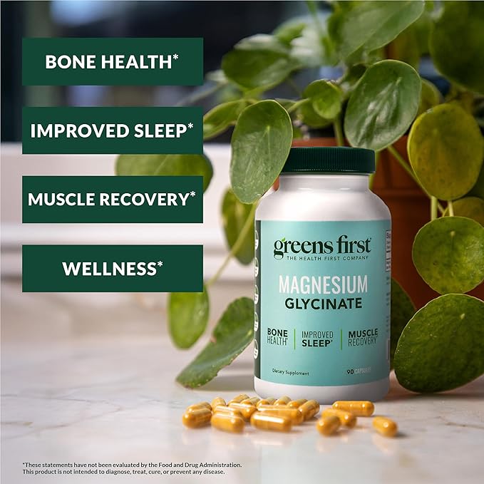 Greens First Magnesium Glycinate Supplement - May Support Heart Health Muscle Health and Support Metabolism - Better Absorption Rate - 90 Vegetable Capsules