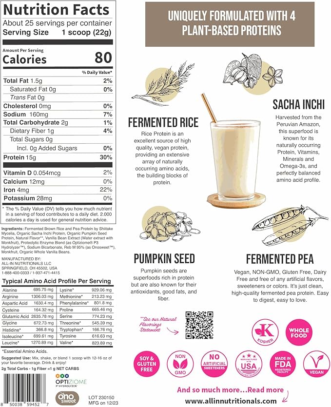 All In Nutritionals EZ Plant Protein. Plant Protein Powder with Fermented Rice Pumpkin Seed &amp Pea Sacha Inchi Digestive Enzymes Gluten-Free Non-GMO 15g Protein Vanilla Flavor 25 Servings