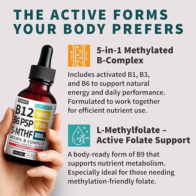 (2-Pack) Methylated B Complex Liquid Drops with Active L-Methylfolate - B12 Sublingual Drops Vitamin B Complex - Vegan B 12 Vitamin 5000mcg Non-GMO Raspberry Flavor No Sugar 2 Fl oz 80 Servings
