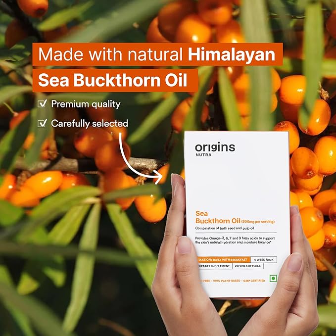 Sea Buckthorn Oil 500 mg | Veg Softgels | Omega 3 6 7 9 from Fruit &amp Seed Extract | Plant-Based | Non-GMO | GMP Certified | 28 softgels