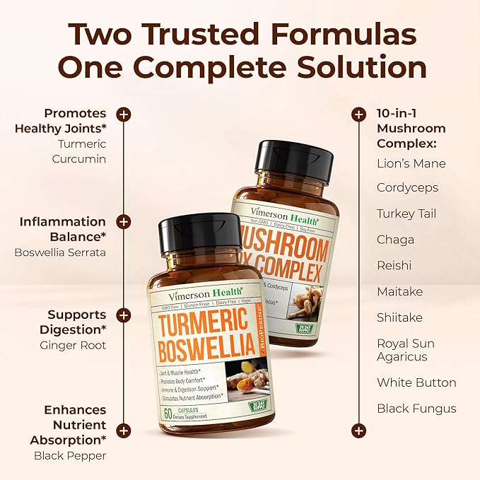 Boswellia Turmeric Curcumin Supplement + 10-in-1 Mushroom Powder Supplement Bundle – Supports Joint Health Memory &amp Focus – with Ginger Organic Turmeric Powder Lion’s Mane Reishi Mushroom &amp