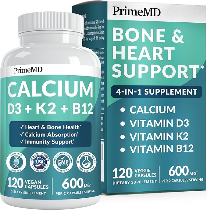 4-in-1 Calcium Supplements for Women and Men - Calcium with Vitamin D3 K2 5000 IU Supplement 600mg per Serving - Gluten-Free Vegan-Friendly (120 ct)