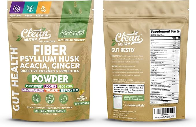 GutResto Fiber Supplement Psyllium Husk Powder Ginger Digestive Enzymes Probiotic Peppermint Licorice Aloe Vera Marshmallow Root Turmeric Supplement Slippery Elm Gut Health Prebiotics By Clean Nutra
