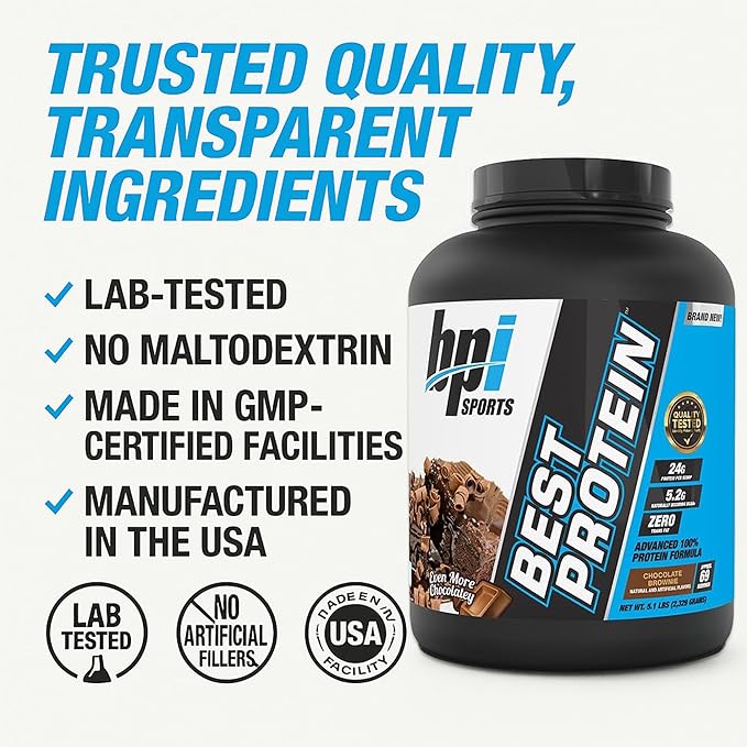 BPI Sports Best Protein – 100% Whey Protein Powder – Muscle Growth Recovery Meal Replacement – No Fillers Gluten Free – Best Protein Powder for Men &amp Women | Chocolate Brownie – 5.1 Pounds