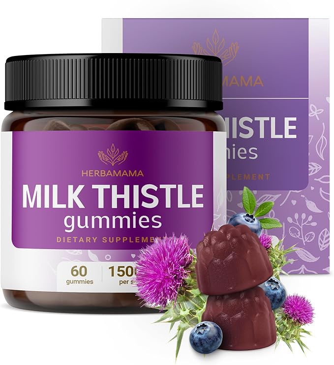 HERBAMAMA Milk Thistle Supplement - 1500mg Milk Thistle Seed Gummies for Liver Cleanse - Vegan Non-GMO Liver Support with Silybum Marianum - 60 Pectin-Based Blueberry-Flavored Chews