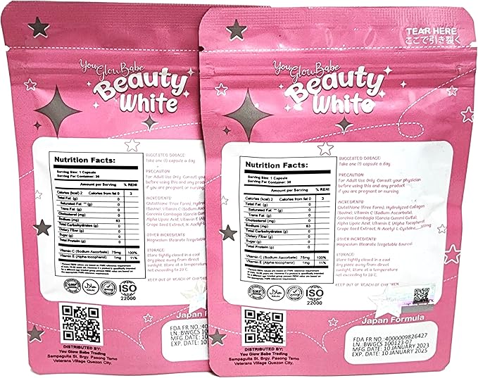 Beauty White 4 in 1 Glutathione Food Supplement Size 15gram Each (Pack of 2) 30 x 2-60 Capsules