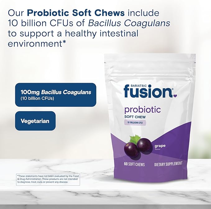Bariatric Fusion Probiotic Soft Chews | Grape Flavor Chewy Bariatric Vitamin | 10 Billion CFU | Bacillus Coagulans | Support Digestive &amp Immune Health | 60 Count
