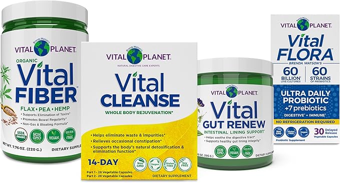 Vital Planet - Whole Body Internal Cleansing Kit with Vital Cleanse 14-Day 2-Part Program Vital Fiber Vital Gut Renew and Vital Flora Ultra Shelf Stable 30 Capsule Probiotic 4 Products-in-One