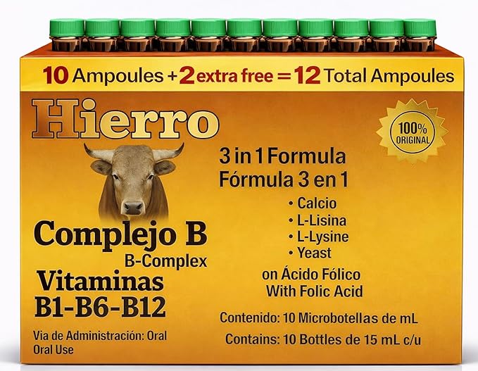 3en1 B Complex Complejo B 1000 Shot | Multi-VitaminsCalcium L-Lysine | Box with 12 Ampoules of 15ml | Energy Cognitive Function and Metabolic Health Boost.