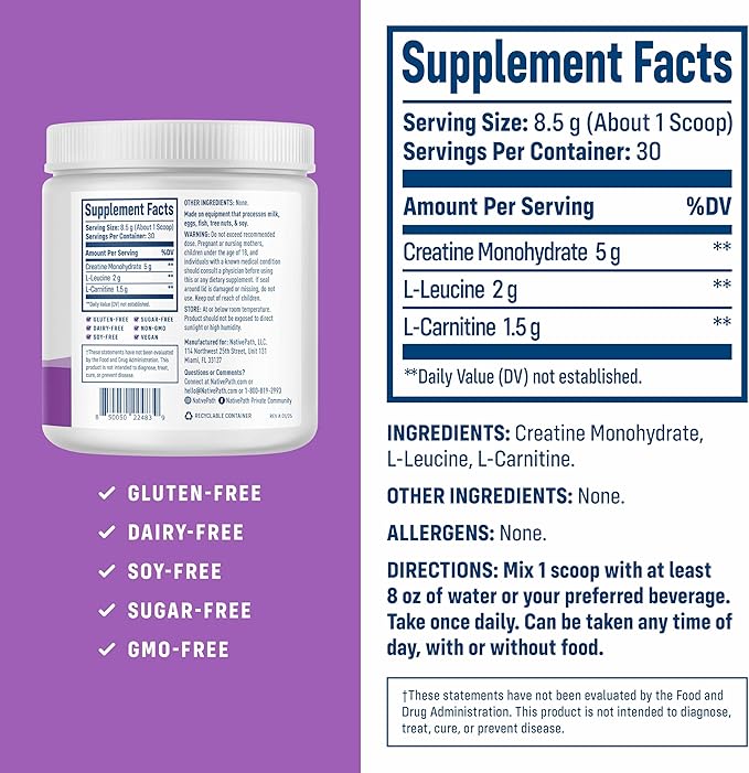 NativePath Creatine Monohydrate Powder with L-Leucine &amp L-Carnitine - Supports Muscle Health for Men &amp Women - 30 Servings