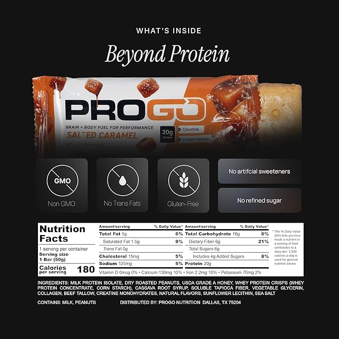 ProGo Protein Bars – Brain + Body Fuel with 20g Clean Protein Creatine &amp Collagen Peptides Made with 95% Pure Isolate Grass-Fed Beef Tallow No Fillers Naturally Sweetened with Honey Gluten-F