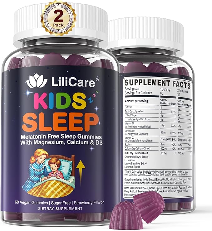 Kids Sleep Gummies - Magnesium Glycinate Gummies Melatonin Free Sleep Aid | Magnesium Calcium D3 B6 L Theanine | Kid Melatonin Alternative for Restful Sleep (Pack of 2)