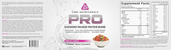 Core Nutritionals Pro Sustained Release Protein Blend Digestive Enzyme Blend 25G Protein 2G Carb 71 Servings (Fruity Cereal)