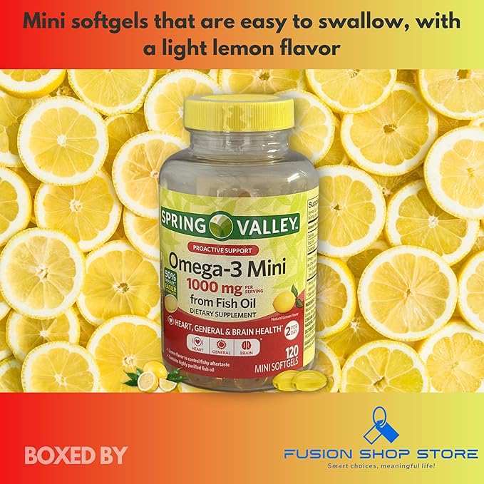 Omega 3 mini 1000mg- Fish Oil Softgels Natural Lemon falvor 120ct (Pack of 1) Boxed by Fusion Shop Store