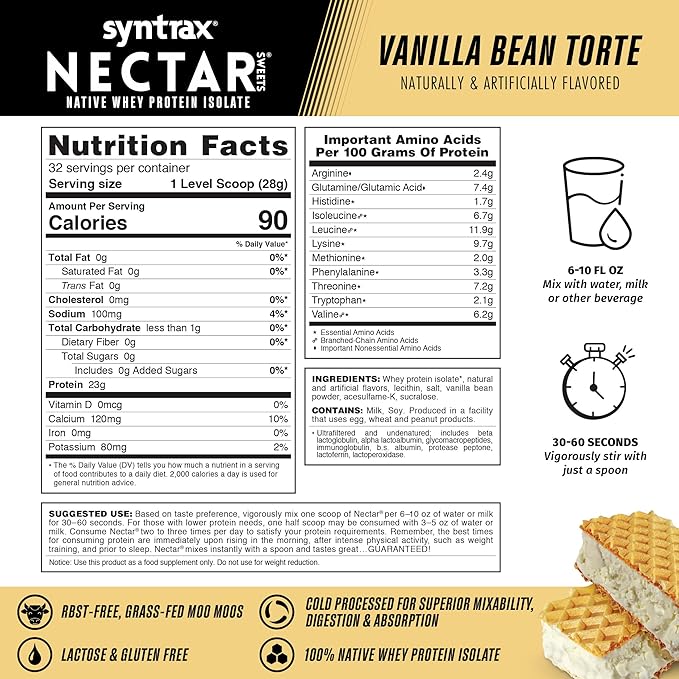 Syntrax Nutrition Nectar Sweets Whey Protein Isolate Vanilla Bean Torte 2 lbs Real Vanilla Ben Specks