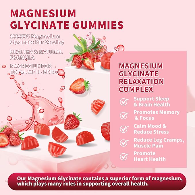 120 CT Magnesium Glycinate Gummies 1000 mg for Women and Men Magnesium Malate &amp Taurate Supplements for Sleep Body Support and Relaxation Sugar Free Vegan Strawberry Flavor