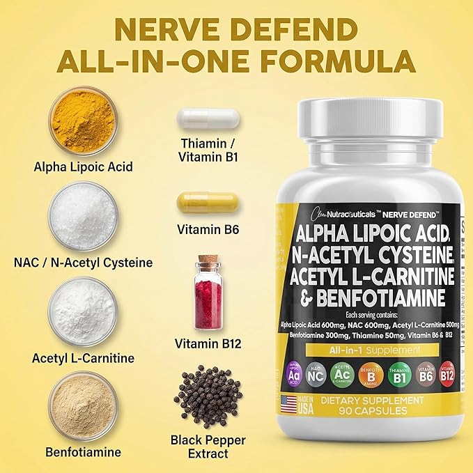 Alpha Lipoic Acid 600mg N-Acetyl Cysteine 600mg Acetyl L-Carnitine 500mg Benfotiamine 300mg - Nerve Support Supplement for Women and Men with Vitamin B1 B6 &amp B12 - Made in USA 90 Caps