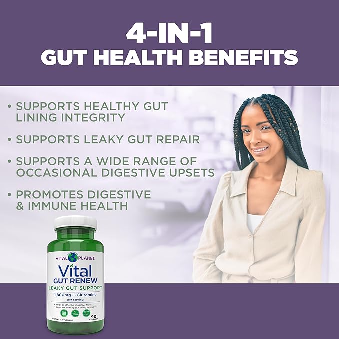 Vital Planet - Vital Gut Renew Capsules Supplement for Leaky Gut Repair with L-Glutamine Marshmallow and Ginger Root DGL Licorice Root and Organic Aloe Vera L Glutamine 1800mg 90 Capsules