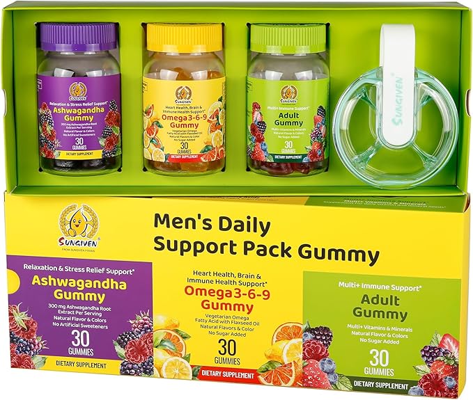 SUNGIVEN Men's Multivitamin Gummy Pack 3 Support for Heart Brain Sleep Daily Health Vitamins A D C E B12 Omega-3 Ashwagandha Adult Chewable Vitamin Berry Flavor 15 Day Supply - 90 Count