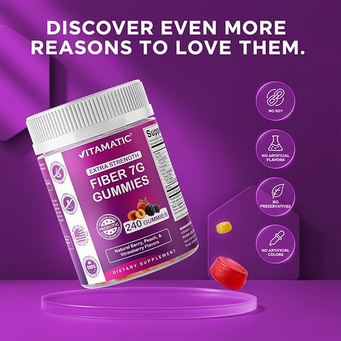 Vitamatic Prebiotic Fiber Gummies for Adults 7G Extra Strength Zero Sugar Added 240 Pectin Based Gummies Digestive Health &amp Regularity Support (Pack of 2)