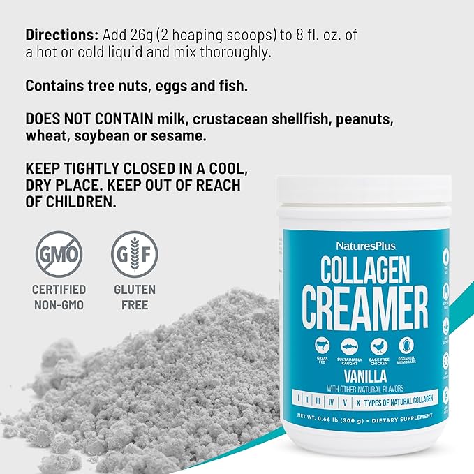 NaturesPlus Collagen Creamer Vanilla - 0.66 lb Powder - Hair Skin Nail &amp Joint Health Immune System Support - Non-GMO Gluten Free - 12 Servings