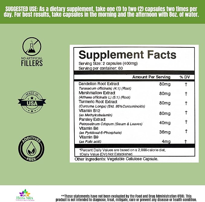 RenalHealth Kidney &amp Urinary Wellness Supplement with Dandelion Root Marshmallow Root Parsley Turmeric &amp B Vitamins Supports Daily Kidney Function 120 Vegetarian Capsules