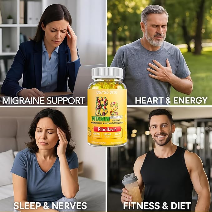 Vitamin B2 Gummies 400mg | Riboflavin 400mg with CoQ10 150mg Magnesium 200mg | B2 Vitamin 400mg for Kids &amp Adults Nervous System &amp Skin Health | 60 Vegan Chewables | Lemon（Pack 2