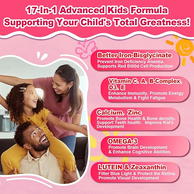 180 Count | Iron Gummies for Kids Kids Multivitamin with Calcium Zinc Folate Omega-3 &amp Lutein Support Energy Immnity Iron Deficiency Anemia &amp Brain Health Vegan Sugar-Free Strawberr