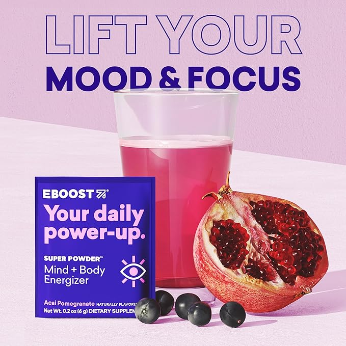 EBOOST SUPER POWDER Drink Mix - Acai Pomegranate 0.2 oz 20 Pack Hydration Energizer Electrolytes Powder - 13 Vitamins &amp Minerals - 110 mg Caffeine - 0 Added Sugar - No Artificial Flavors or Sweete
