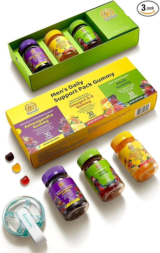SUNGIVEN Men's Multivitamin Gummy Pack 3 Support for Heart Brain Sleep Daily Health Vitamins A D C E B12 Omega-3 Ashwagandha Adult Chewable Vitamin Berry Flavor 15 Day Supply - 90 Count