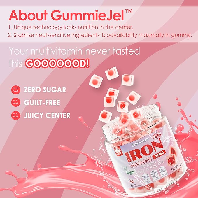 Iron Gummies for Women 25mg Plus Vitamin C Beet Root Vitamin B12 Folate for Iron Deficiency Anemia Energy Boost Sugar Free Iron Supplement Non-Constipating No After Taste 60 Cts