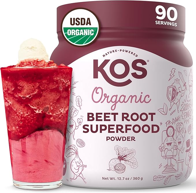 KOS Organic Beet Root Powder USDA Organic - Natural Nitric Oxide Booster Superfood Plant Based Beetroot Antioxidant Supports Active Lifestyle &amp Healthy Circulation Soy &amp Gluten-Free - 90 S