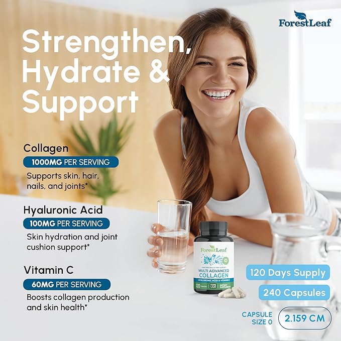 ForestLeaf Multi Collagen Pills with Hyaluronic Acid + Vitamin C | Hydrolyzed Collagen Supplements for Women or Men | Multi Collagen Capsules Peptides for Skin Wrinkles 240