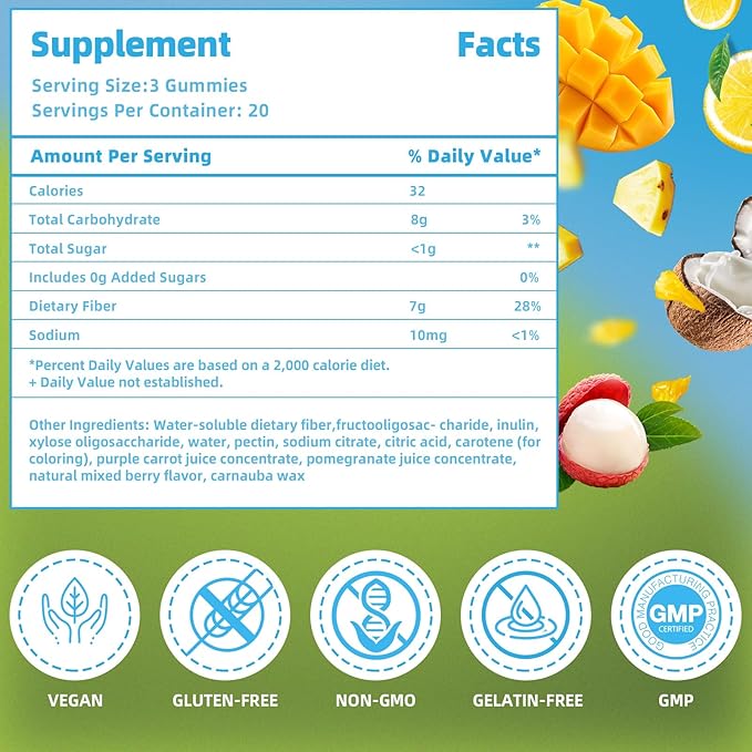 AFXMATE Fiber Supplement Gummies for Adult 7 g Fiber Sugar Free Vegan &amp Gluten Free - Digestive Health Regularity Support 120 Count