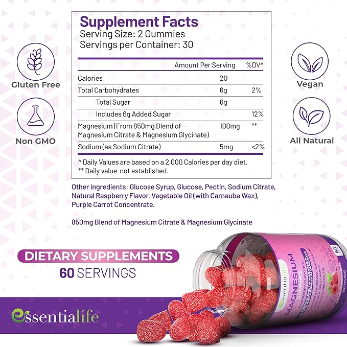 Magnesium Gummies 2 Packs Essentialife 100mg Per Serving - Blend of Magnesium Citrate &amp Magnesium Glycinate - Supports Healthy Digestion - Stay Calm &amp Energetic with Magnesium Supplements for